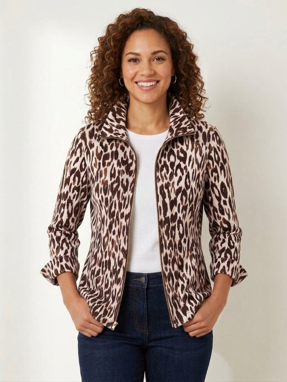 Weekends By Chico's Full Zip Leopard Print Jacket